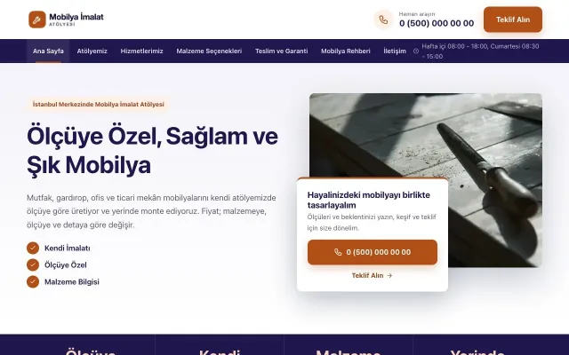 Mobilya İmalat Atölyesi için Bölünmüş Lacivert Turuncu – Mobilya İmalat Atölyesi Web Sitesi ana sayfa görünümü