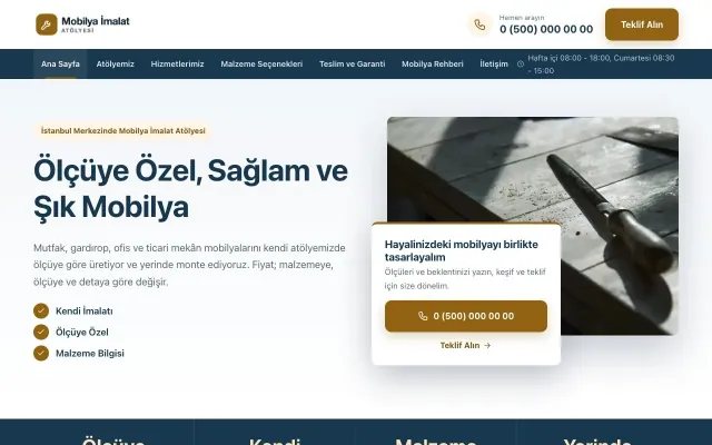 Mobilya İmalat Atölyesi için Bölünmüş Mavi Turuncu – Mobilya İmalat Atölyesi Web Sitesi ana sayfa görünümü