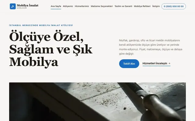 Mobilya İmalat Atölyesi için Dergi Editoryal Kahve Mavi – Mobilya İmalat Atölyesi Web Sitesi ana sayfa görünümü