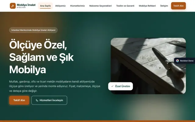 Mobilya İmalat Atölyesi için Hareketli Petrol Turuncu – Mobilya İmalat Atölyesi Web Sitesi ana sayfa görünümü