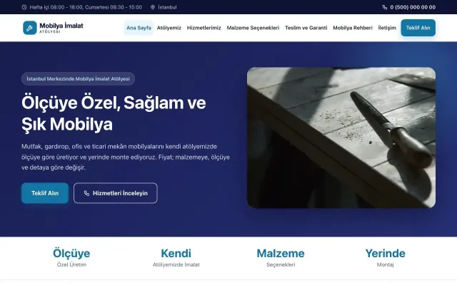 Mobilya İmalat Atölyesi için Klasik Lacivert Mavi – Mobilya İmalat Atölyesi Web Sitesi ana sayfa görünümü