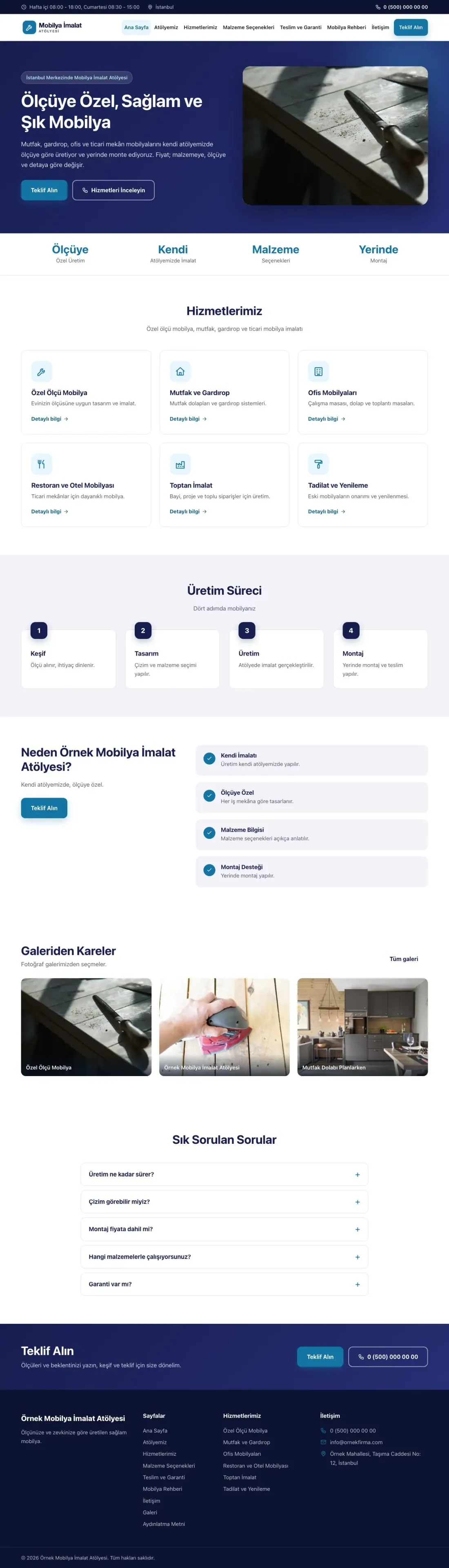 Mobilya İmalat Atölyesi için Klasik Lacivert Mavi – Mobilya İmalat Atölyesi Web Sitesi ana sayfa görünümü