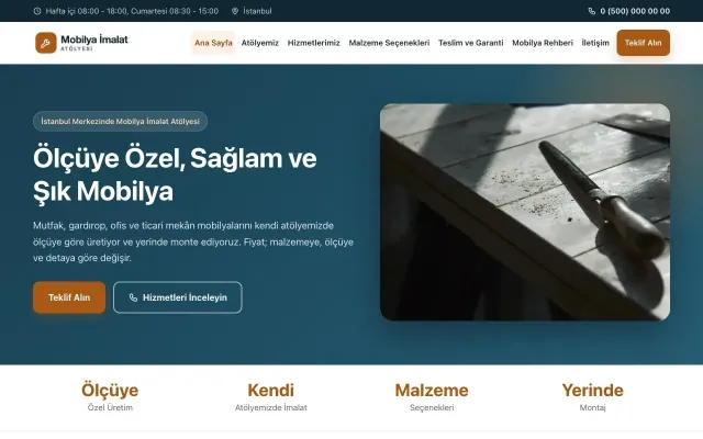Mobilya İmalat Atölyesi için Klasik Mavi Turuncu – Mobilya İmalat Atölyesi Web Sitesi ana sayfa görünümü