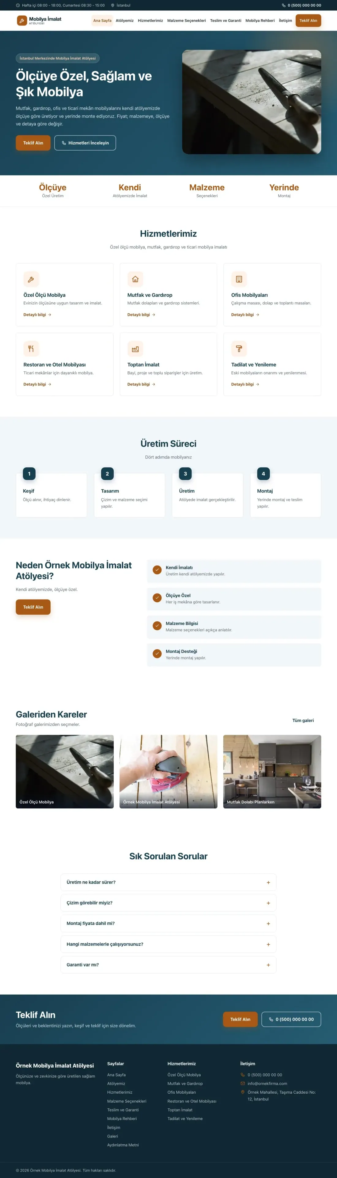 Mobilya İmalat Atölyesi için Klasik Mavi Turuncu – Mobilya İmalat Atölyesi Web Sitesi ana sayfa görünümü