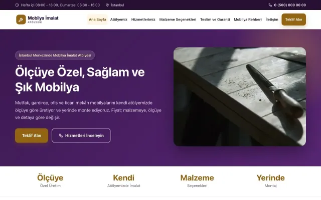 Mobilya İmalat Atölyesi için Klasik Mor Turuncu – Mobilya İmalat Atölyesi Web Sitesi ana sayfa görünümü