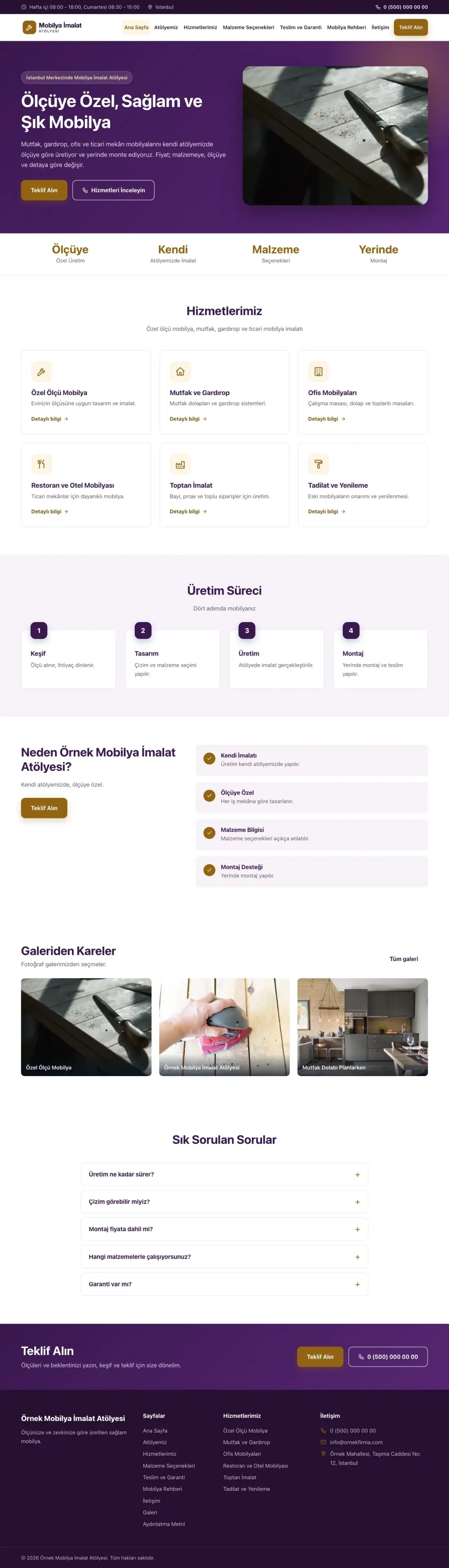 Mobilya İmalat Atölyesi için Klasik Mor Turuncu – Mobilya İmalat Atölyesi Web Sitesi ana sayfa görünümü