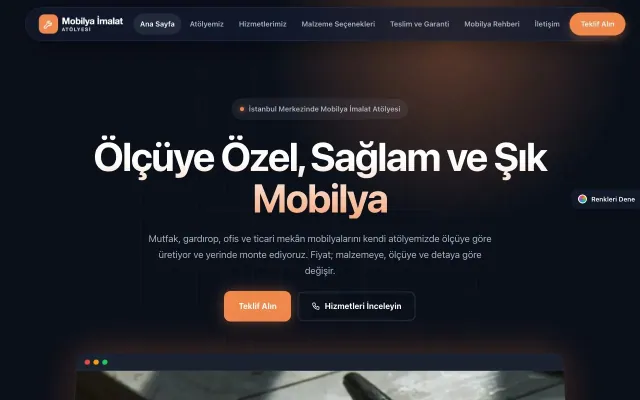 Mobilya İmalat Atölyesi için Koyu Modern Mavi Turuncu – Mobilya İmalat Atölyesi Web Sitesi ana sayfa görünümü