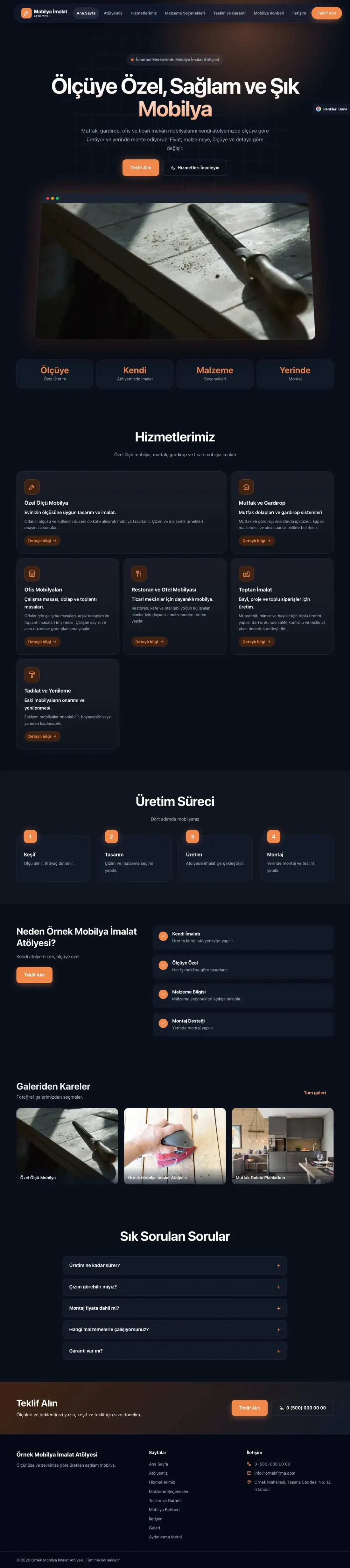 Mobilya İmalat Atölyesi için Koyu Modern Mavi Turuncu – Mobilya İmalat Atölyesi Web Sitesi ana sayfa görünümü