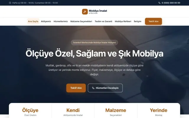 Mobilya İmalat Atölyesi için Merkez Mavi Turuncu – Mobilya İmalat Atölyesi Web Sitesi ana sayfa görünümü