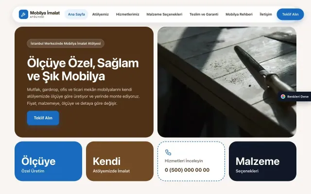 Mobilya İmalat Atölyesi için Mozaik Kahve Mavi – Mobilya İmalat Atölyesi Web Sitesi ana sayfa görünümü