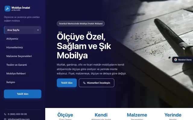 Mobilya İmalat Atölyesi için Sol Menü Lacivert Mavi – Mobilya İmalat Atölyesi Web Sitesi ana sayfa görünümü