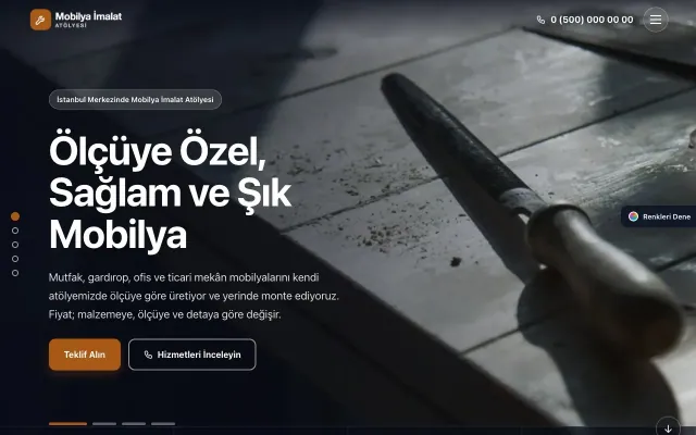 Mobilya İmalat Atölyesi için Tam Ekran Kahve Turuncu – Mobilya İmalat Atölyesi Web Sitesi ana sayfa görünümü