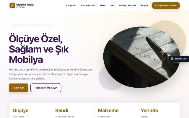 Mobilya İmalat Atölyesi için Tek Sayfa Mor Turuncu – Mobilya İmalat Atölyesi Web Sitesi ana sayfa görünümü