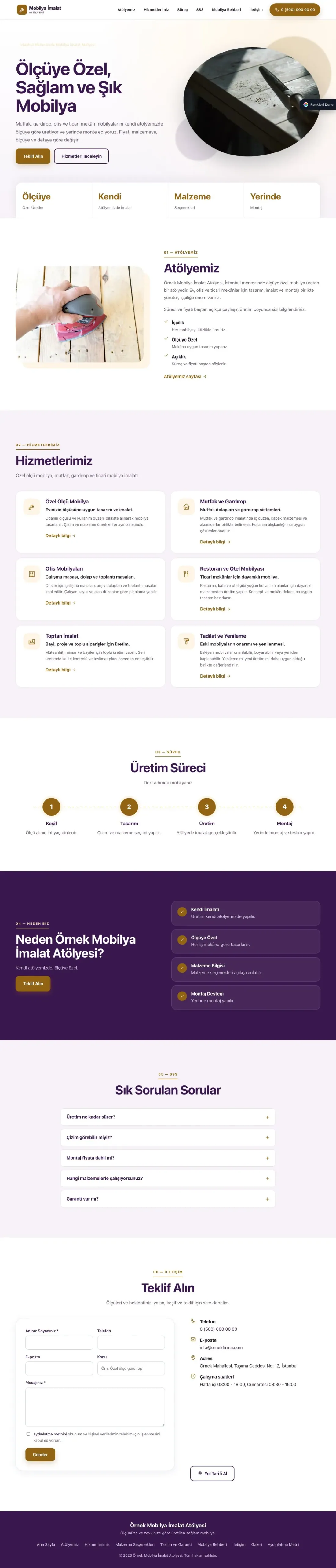 Mobilya İmalat Atölyesi için Tek Sayfa Mor Turuncu – Mobilya İmalat Atölyesi Web Sitesi ana sayfa görünümü