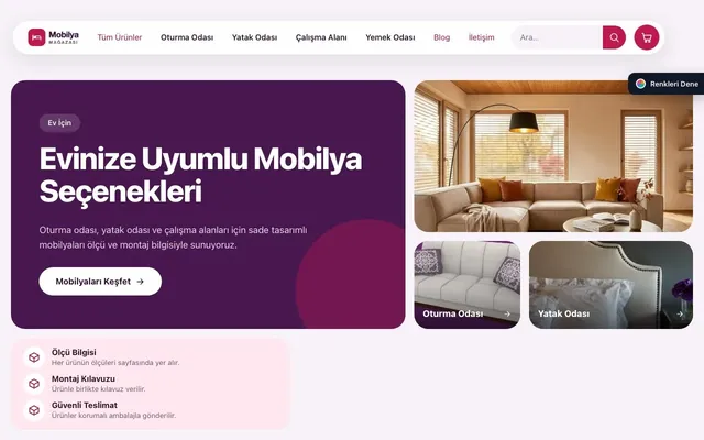 Mobilya Mağazası için Bento Mor Pembe – Mobilya Mağazası E-ticaret Sitesi ana sayfa görünümü