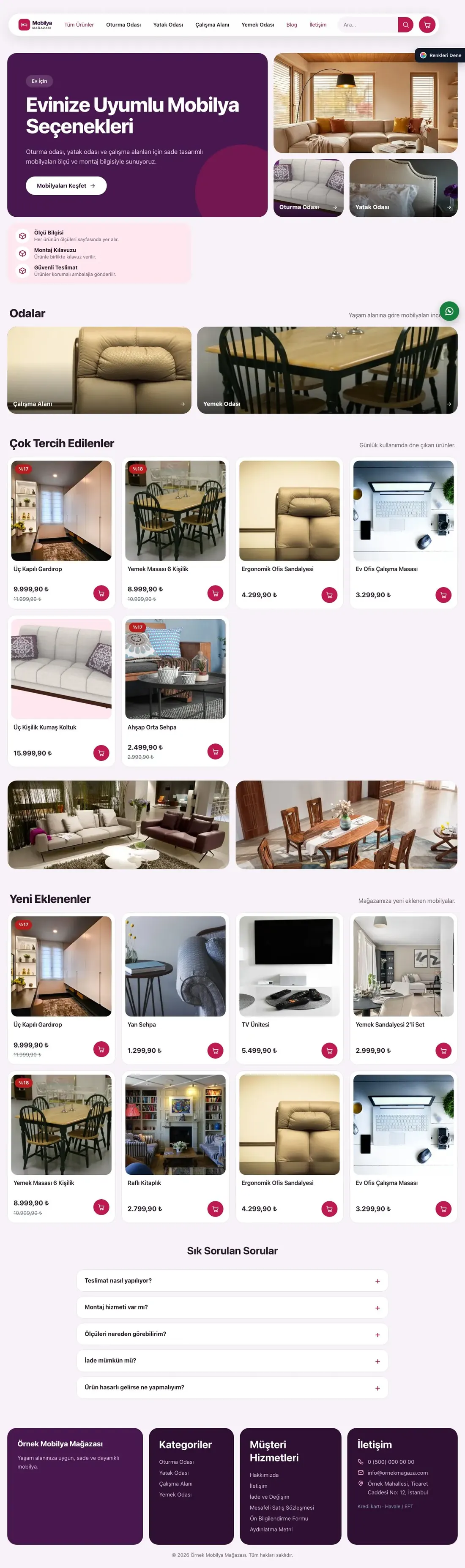 Mobilya Mağazası için Bento Mor Pembe – Mobilya Mağazası E-ticaret Sitesi ana sayfa görünümü