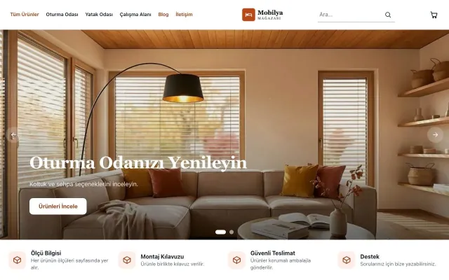 Butik Mavi Turuncu – Mobilya Mağazası E-ticaret Sitesi ana sayfa görünümü