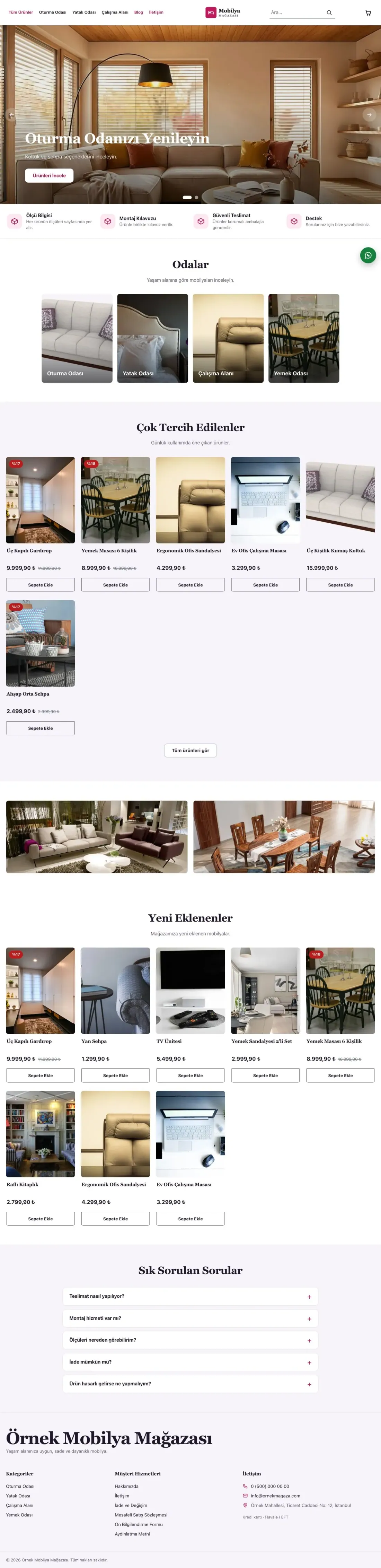 Butik Mor Pembe – Mobilya Mağazası E-ticaret Sitesi ana sayfa görünümü