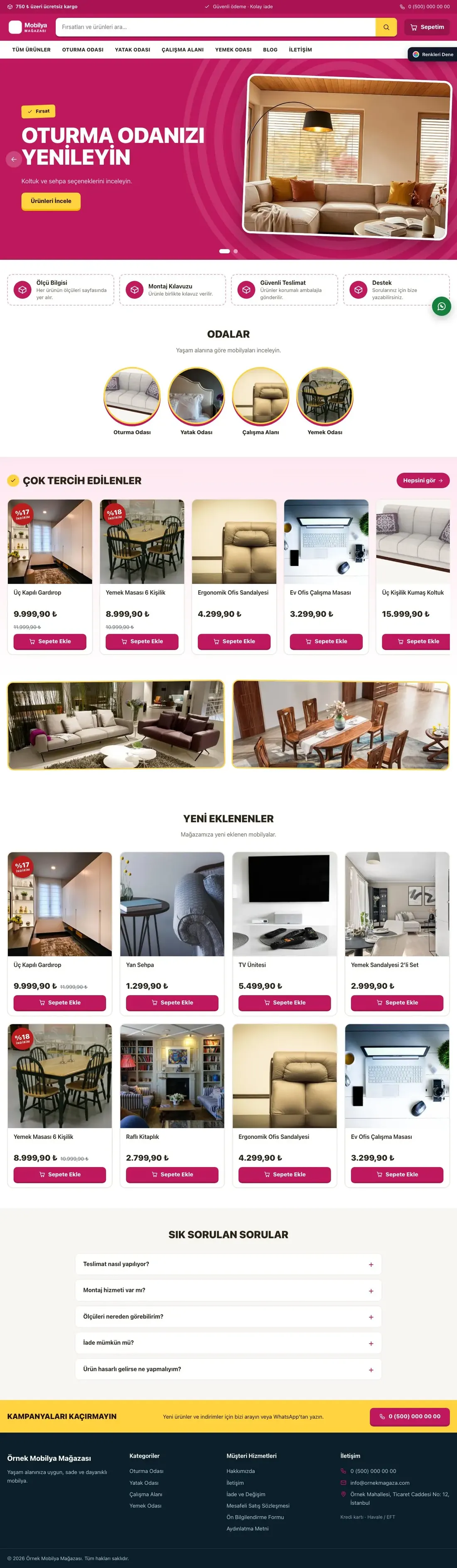 Mobilya Mağazası için Kampanya Kahve Pembe – Mobilya Mağazası E-ticaret Sitesi ana sayfa görünümü