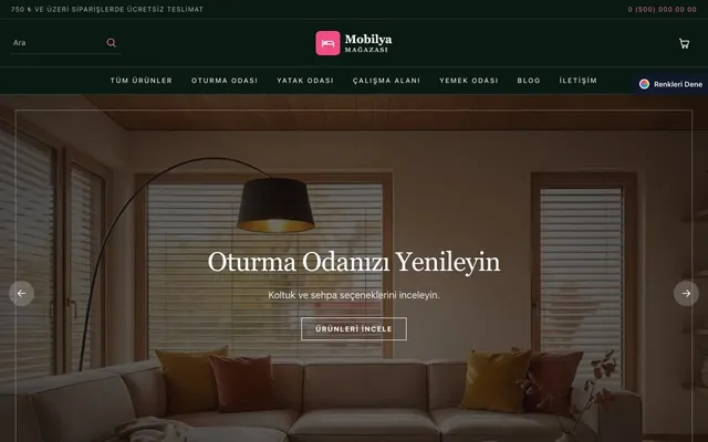 Mobilya Mağazası için Koyu Lüks Yeşil Pembe – Mobilya Mağazası E-ticaret Sitesi ana sayfa görünümü