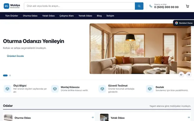 Mobilya Mağazası için Liste Lacivert Mavi – Mobilya Mağazası E-ticaret Sitesi ana sayfa görünümü