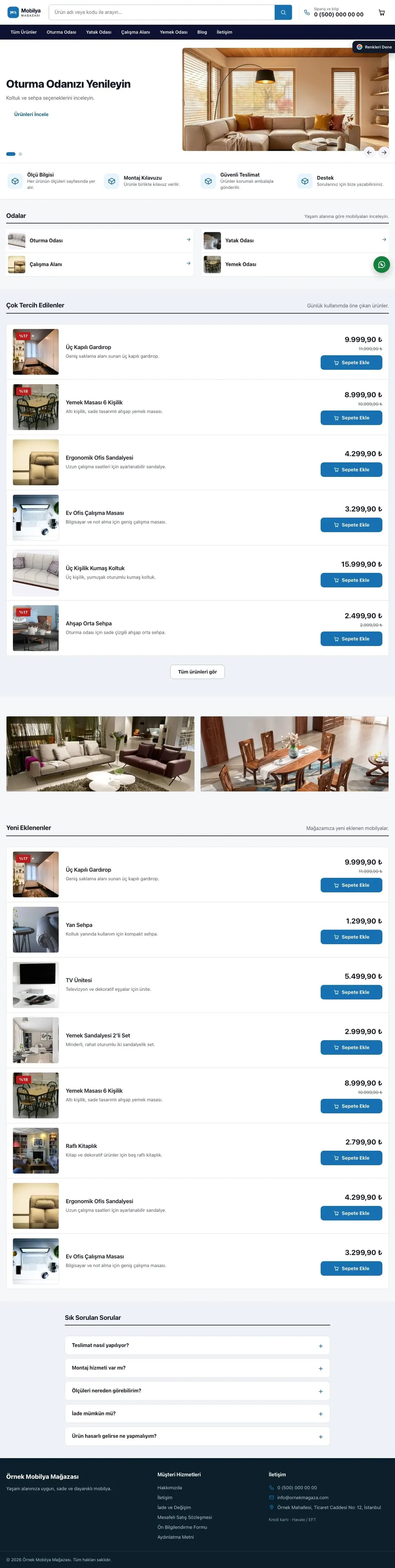Mobilya Mağazası için Liste Lacivert Mavi – Mobilya Mağazası E-ticaret Sitesi ana sayfa görünümü