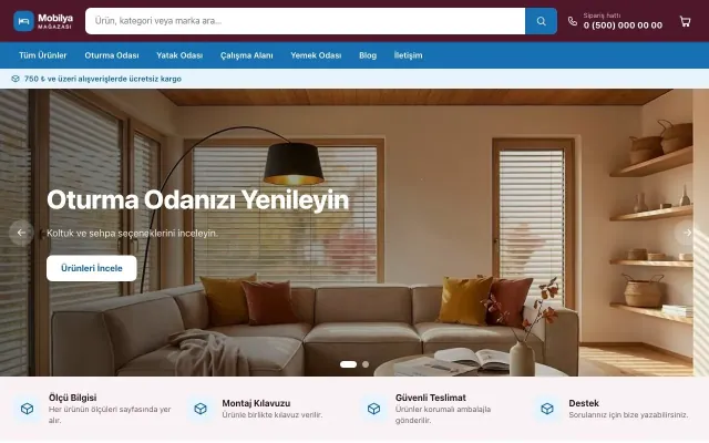 Market Bordo Mavi – Mobilya Mağazası E-ticaret Sitesi ana sayfa görünümü