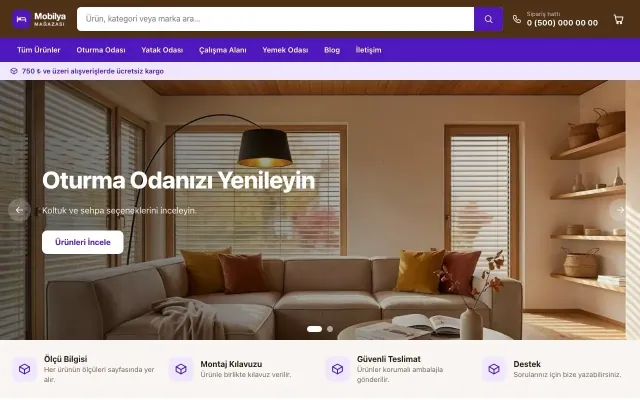 Market Kahve Mor – Mobilya Mağazası E-ticaret Sitesi ana sayfa görünümü