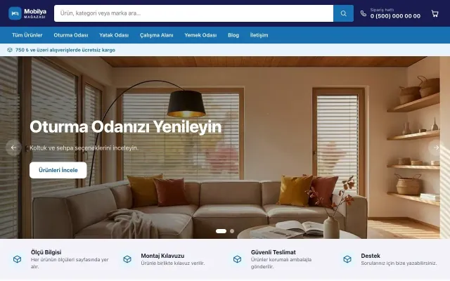 Market Lacivert Mavi – Mobilya Mağazası E-ticaret Sitesi ana sayfa görünümü