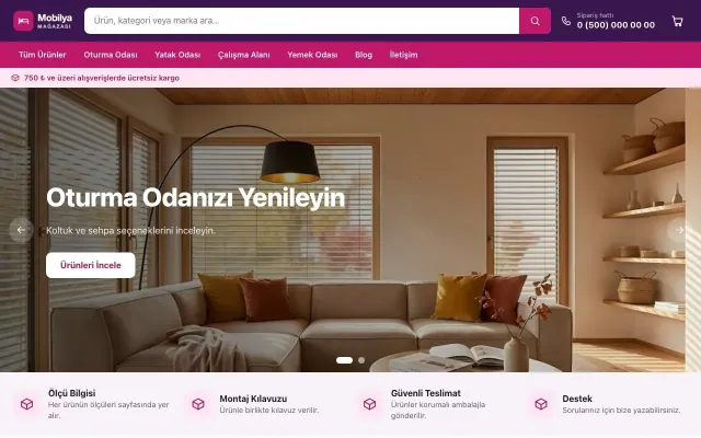 Market Mor Pembe – Mobilya Mağazası E-ticaret Sitesi ana sayfa görünümü