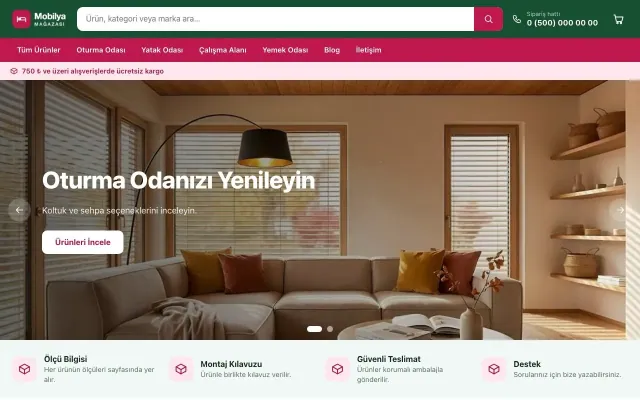 Market Yeşil Pembe – Mobilya Mağazası E-ticaret Sitesi ana sayfa görünümü