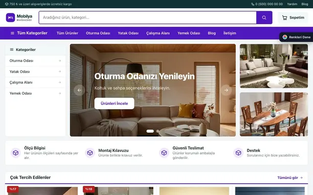 Mobilya Mağazası için Pazar Yeri Petrol Mor – Mobilya Mağazası E-ticaret Sitesi ana sayfa görünümü