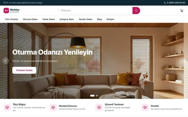 Vitrin Mavi Pembe – Mobilya Mağazası E-ticaret Sitesi ana sayfa görünümü