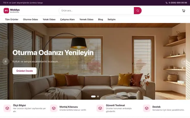 Vitrin Mor Pembe – Mobilya Mağazası E-ticaret Sitesi ana sayfa görünümü