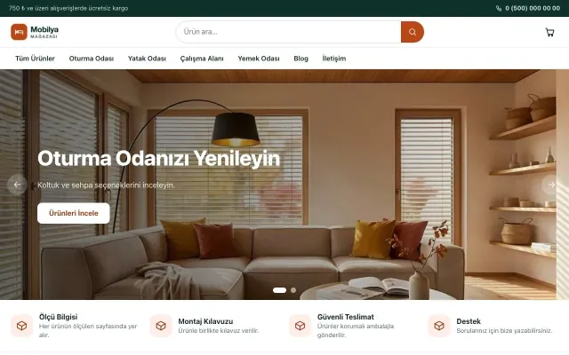Vitrin Petrol Turuncu – Mobilya Mağazası E-ticaret Sitesi ana sayfa görünümü