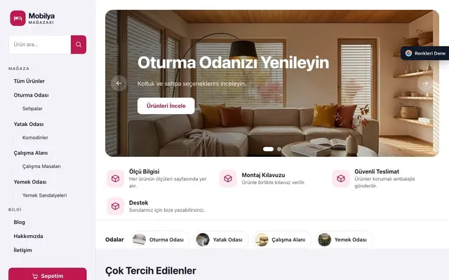 Mobilya Mağazası için Yan Menü Lacivert Pembe – Mobilya Mağazası E-ticaret Sitesi ana sayfa görünümü