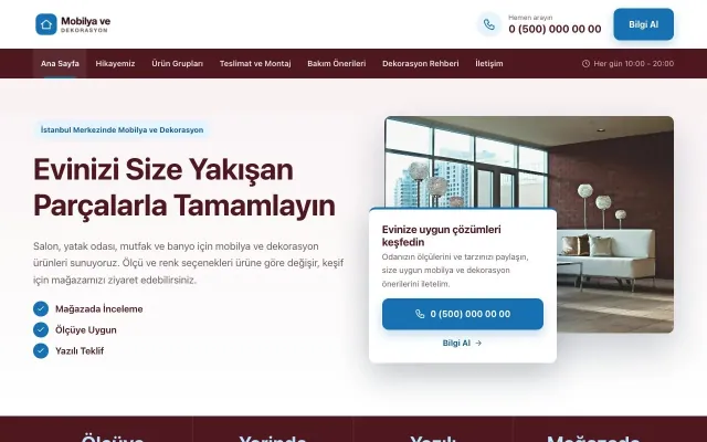 Bölünmüş Bordo Mavi – Mobilya ve Dekorasyon Web Sitesi ana sayfa görünümü