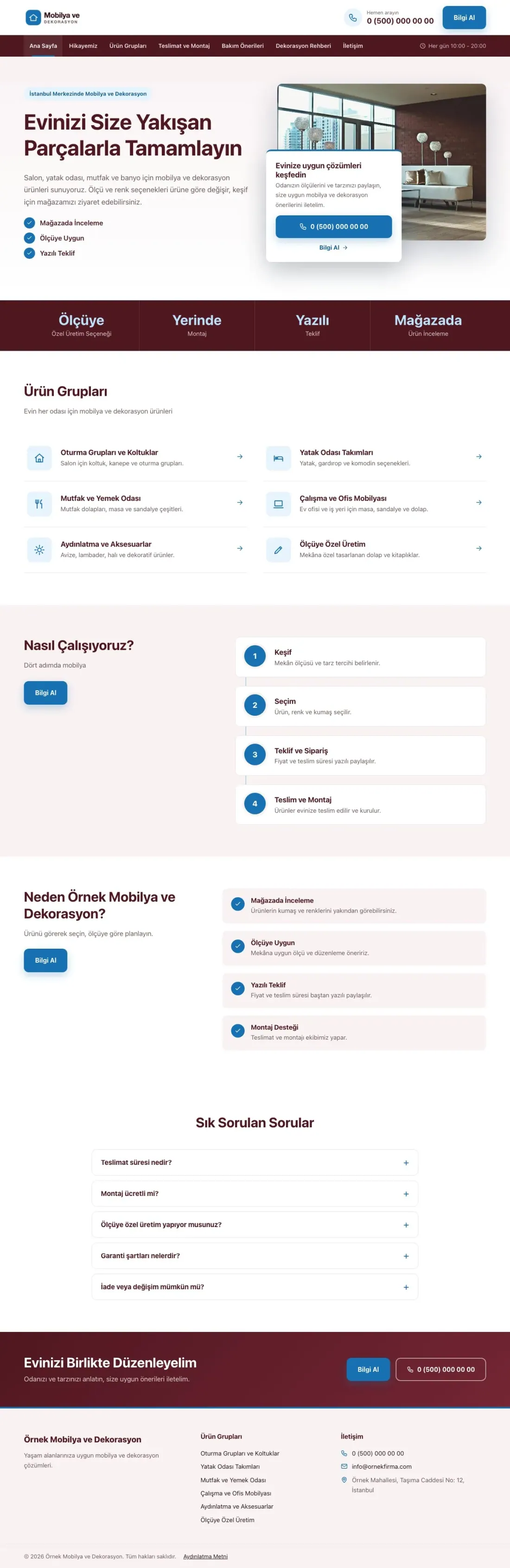 Bölünmüş Bordo Mavi – Mobilya ve Dekorasyon Web Sitesi ana sayfa görünümü