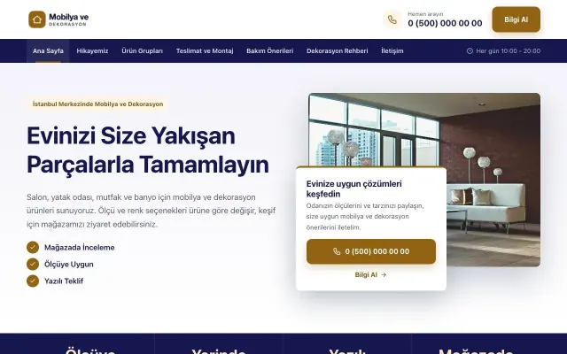 Bölünmüş Lacivert Turuncu – Mobilya ve Dekorasyon Web Sitesi ana sayfa görünümü