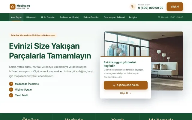 Bölünmüş Yeşil Turuncu – Mobilya ve Dekorasyon Web Sitesi ana sayfa görünümü
