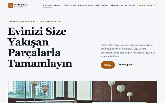 Editoryal Lacivert Turuncu – Mobilya ve Dekorasyon Web Sitesi ana sayfa görünümü