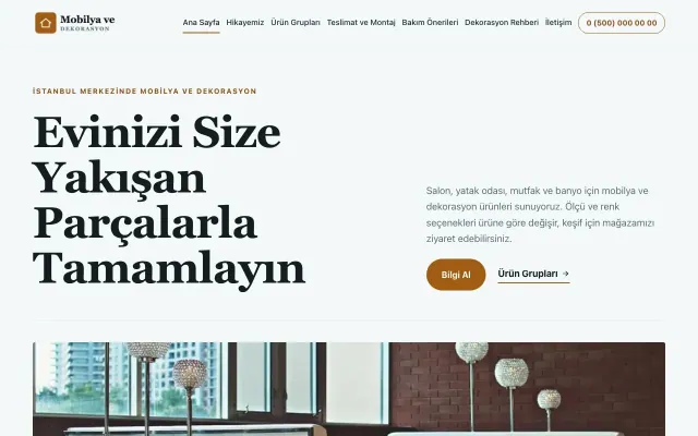 Editoryal Petrol Turuncu – Mobilya ve Dekorasyon Web Sitesi ana sayfa görünümü