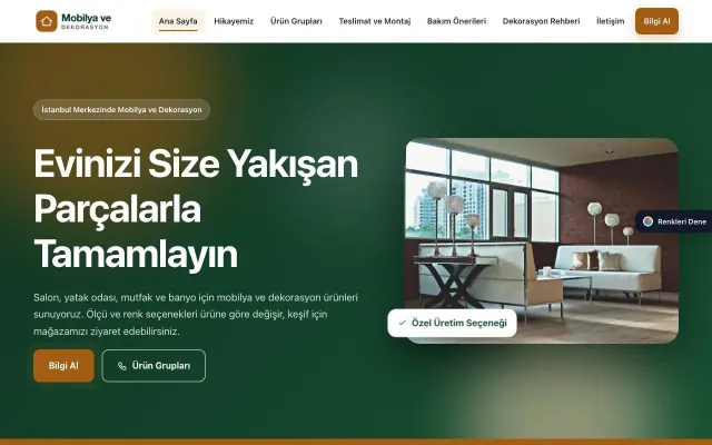 Mobilya ve Dekorasyon için Hareketli Yeşil Turuncu – Mobilya ve Dekorasyon Web Sitesi ana sayfa görünümü