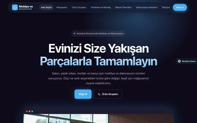 Mobilya ve Dekorasyon için Koyu Modern Lacivert Mavi – Mobilya ve Dekorasyon Web Sitesi ana sayfa görünümü