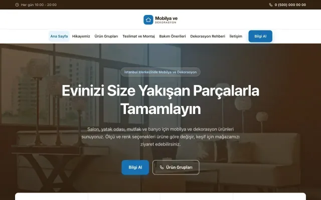 Merkez Kahve Mavi – Mobilya ve Dekorasyon Web Sitesi ana sayfa görünümü