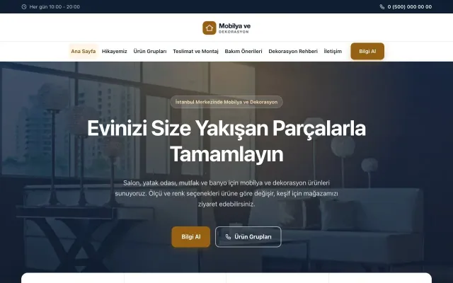 Merkez Mavi Turuncu – Mobilya ve Dekorasyon Web Sitesi ana sayfa görünümü