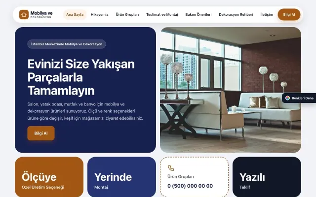 Mobilya ve Dekorasyon için Mozaik Lacivert Turuncu – Mobilya ve Dekorasyon Web Sitesi ana sayfa görünümü