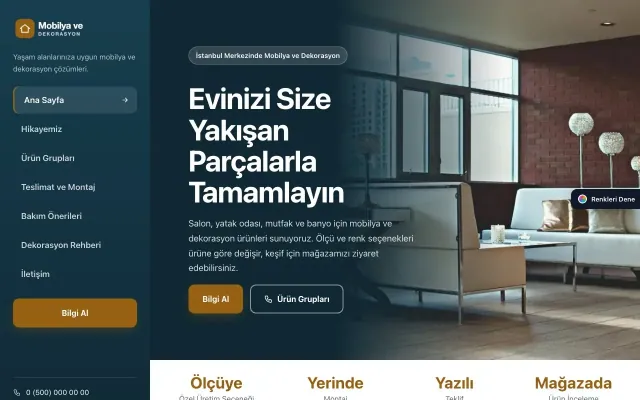 Mobilya ve Dekorasyon için Sol Menü Mavi Turuncu – Mobilya ve Dekorasyon Web Sitesi ana sayfa görünümü