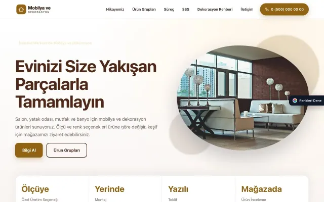 Mobilya ve Dekorasyon için Tek Sayfa Kahve Turuncu – Mobilya ve Dekorasyon Web Sitesi ana sayfa görünümü