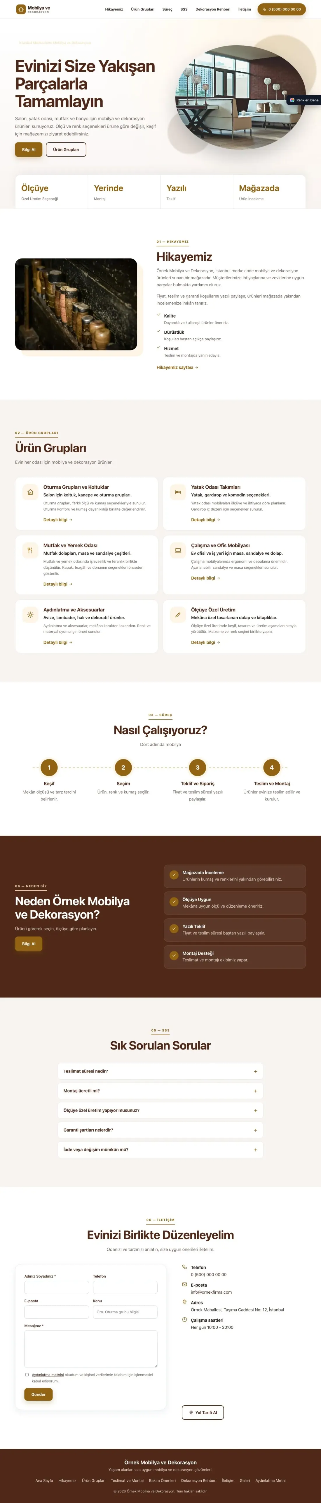 Mobilya ve Dekorasyon için Tek Sayfa Kahve Turuncu – Mobilya ve Dekorasyon Web Sitesi ana sayfa görünümü